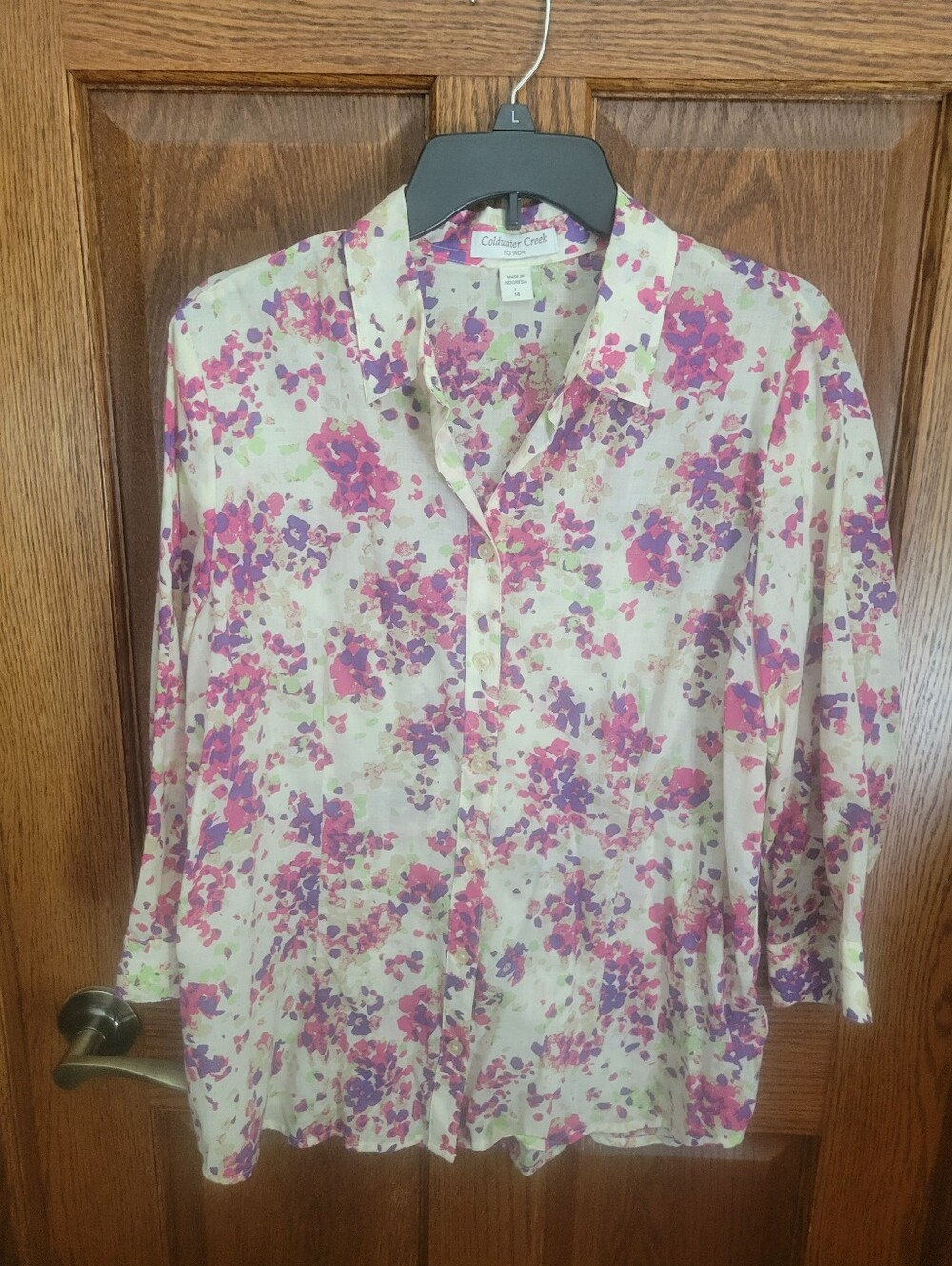Coldwater Creek Cream Blouse with Pink and Purple Floral Print